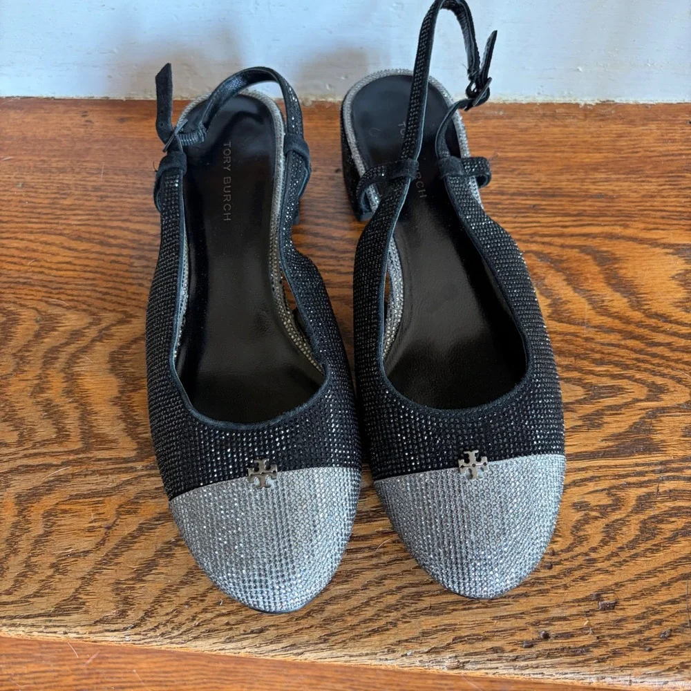 Tory Burch Black Silver Crystal Embellished Cap Toe Slingback Pumps Size 6 EUC‎